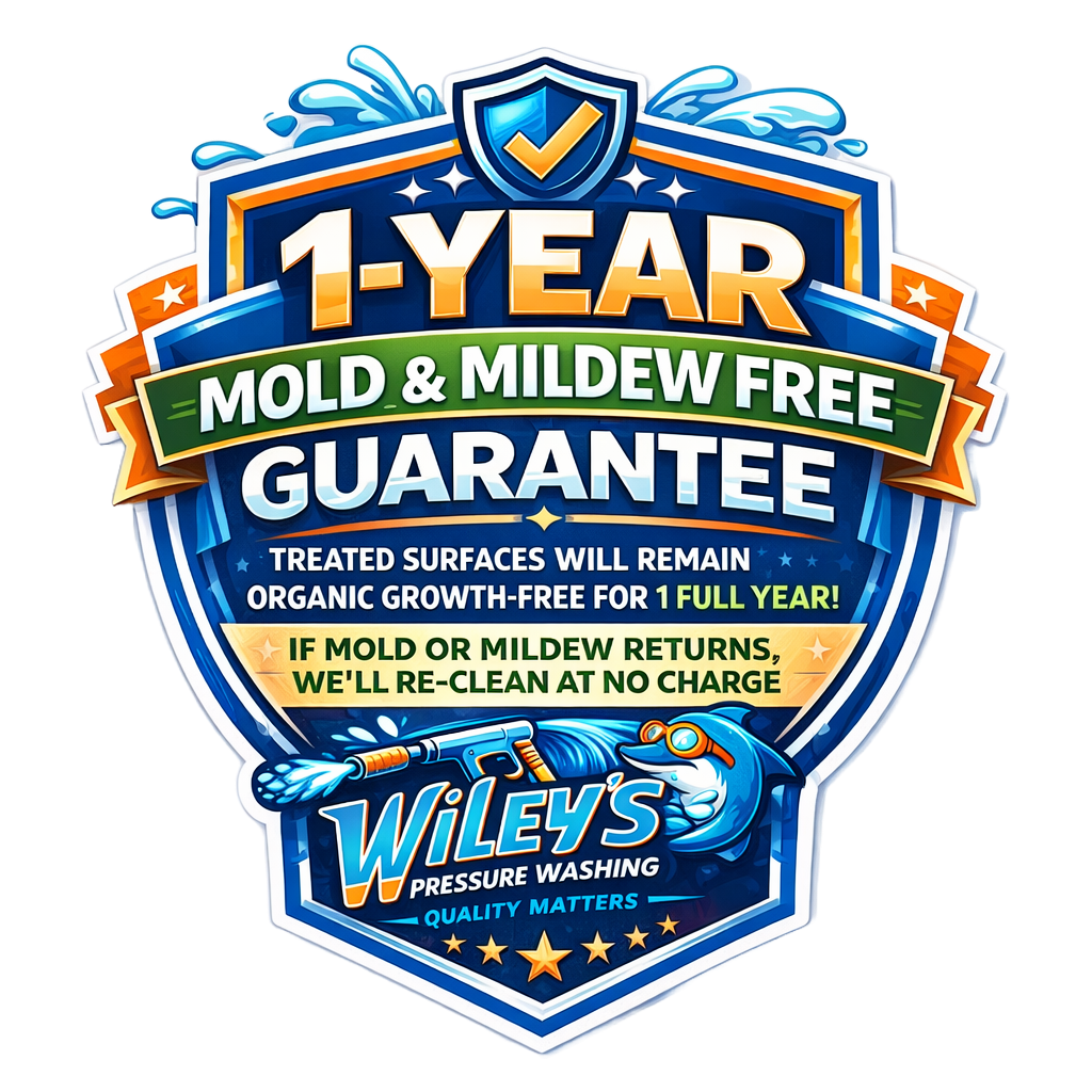 Badge-style guarantee graphic: '1-year mold & mildew free guarantee' for wiley's pressure washing; bright blue and orange colors with a cartoon hose motif