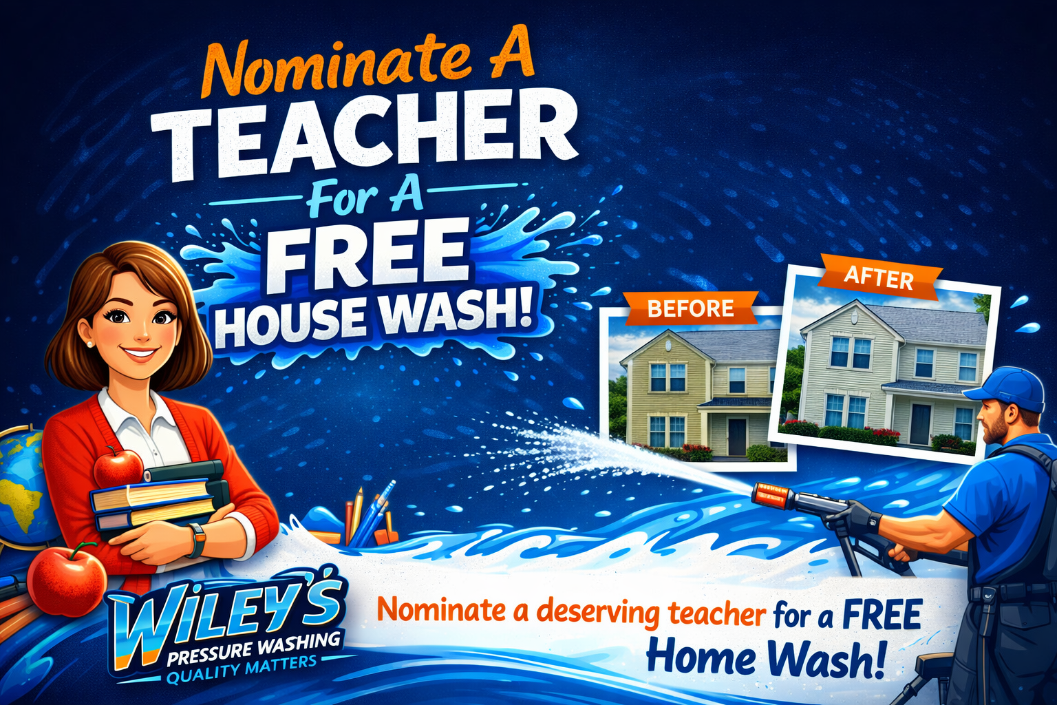 Nominate a teacher for a free house wash by wiley's pressure washing service