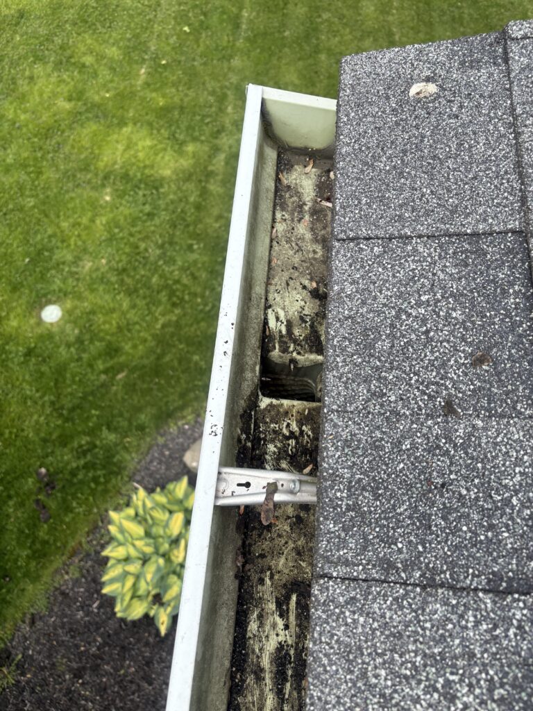 Clogged roof gutter with dirt and leaves along the edge of a shingled roof, grass lawn in the background.