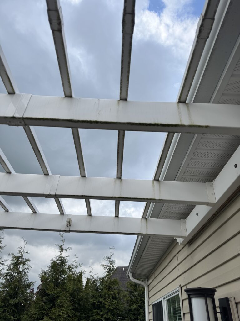 White metal pergola beams over a backyard patio with a cloudy blue sky above and evergreen trees in the background on the left side.