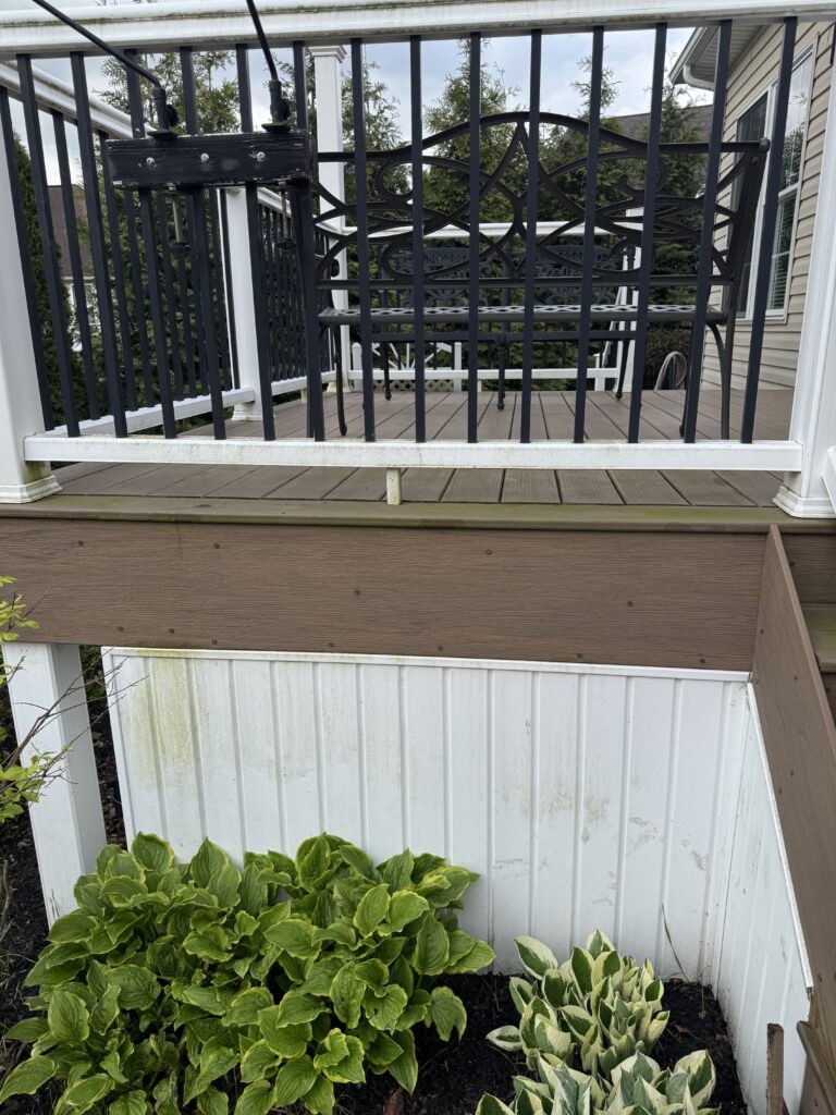 Wooden deck with dark metal railing and decorative lattice panels; plants planted along the base of the railing and white vertical posts nearby.