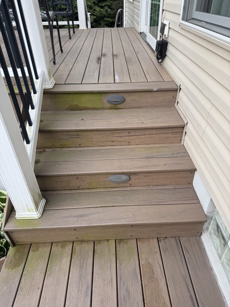 Wooden deck stairs with moss along the edges, beige house siding on the right, and a black railing on the left.