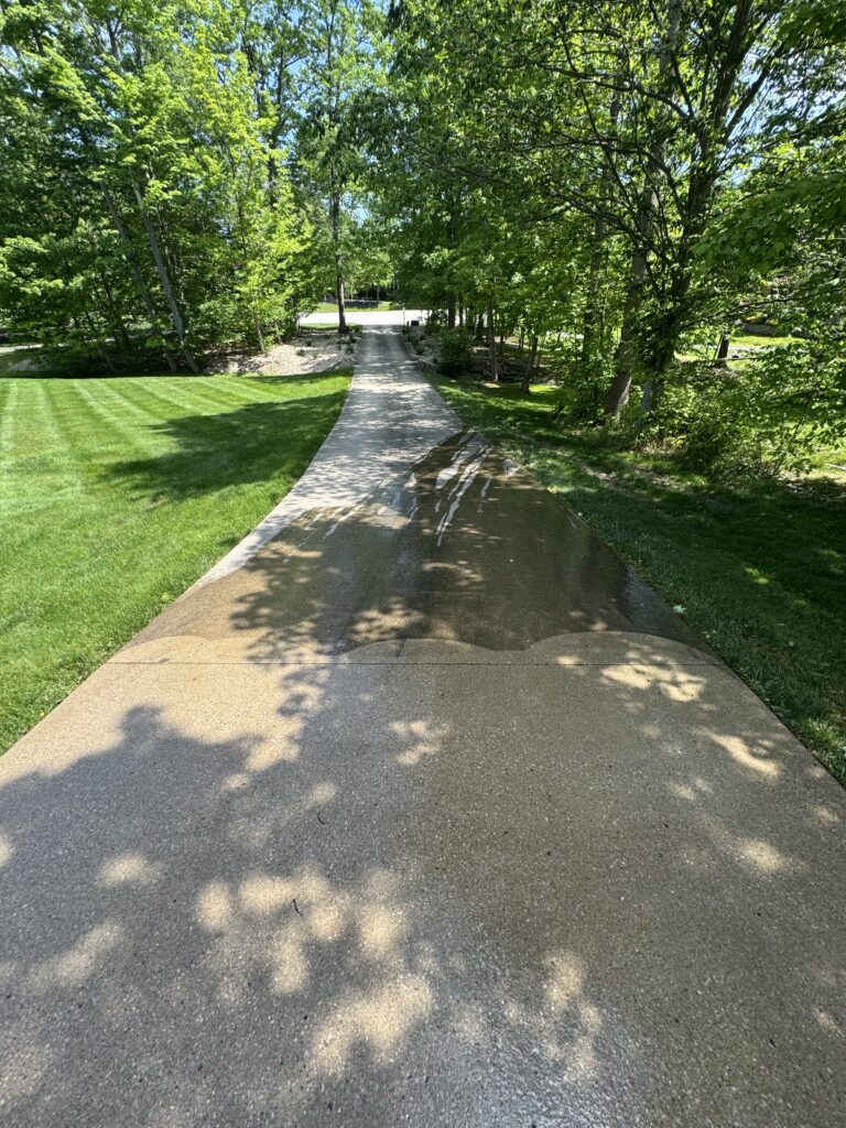 Path through a sunlit park flanked by green trees and neatly mowed grass on each side.