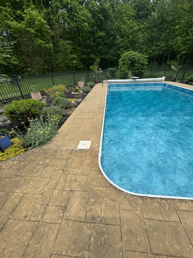 A backyard pool on a tan brick patio, with flower beds along a black metal fence and dense green trees in the background.