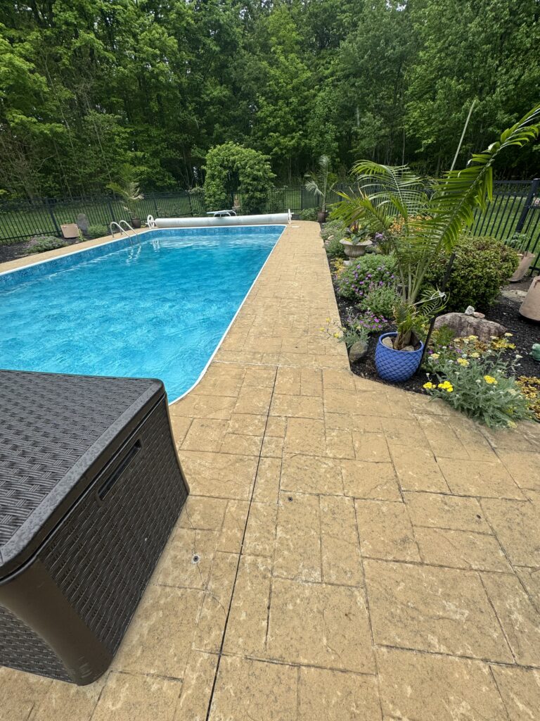 Backyard swimming pool with blue water, tan brick-like deck, and a black metal fence; dense green trees in the background.