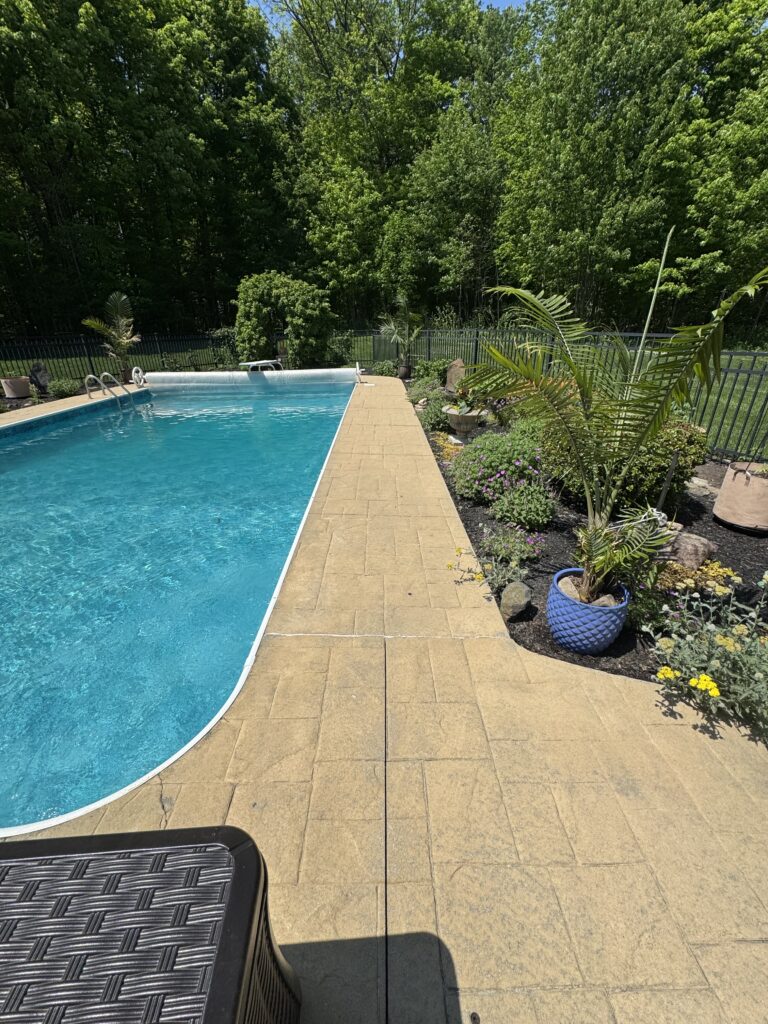 Rectangular backyard pool with turquoise water, beige stone deck, and dense green trees in the background.
