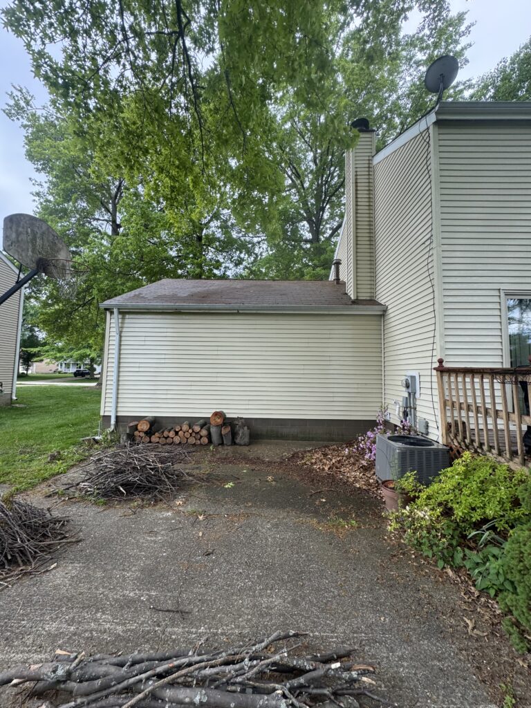 Backyard scene with a pile of cut logs and branches near a beige house, a basketball hoop to the left, and a satellite dish on the roof under leafy trees.