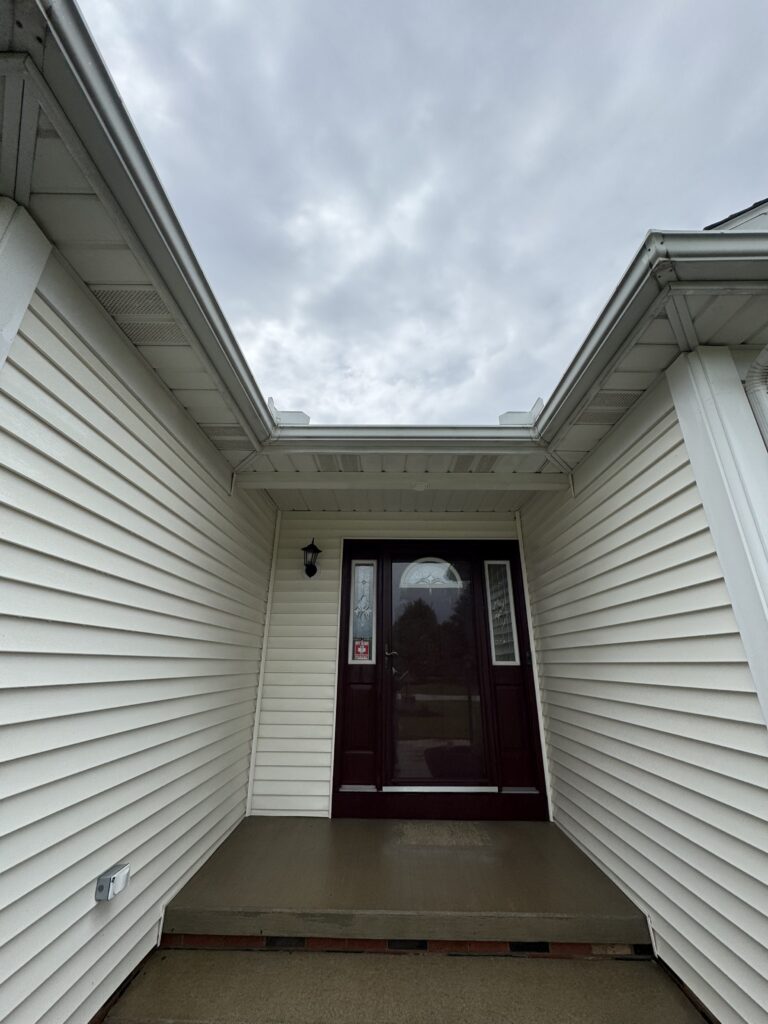 Front entryway of a house with beige siding, a dark brown door, sidelights, and a cloudy sky above.