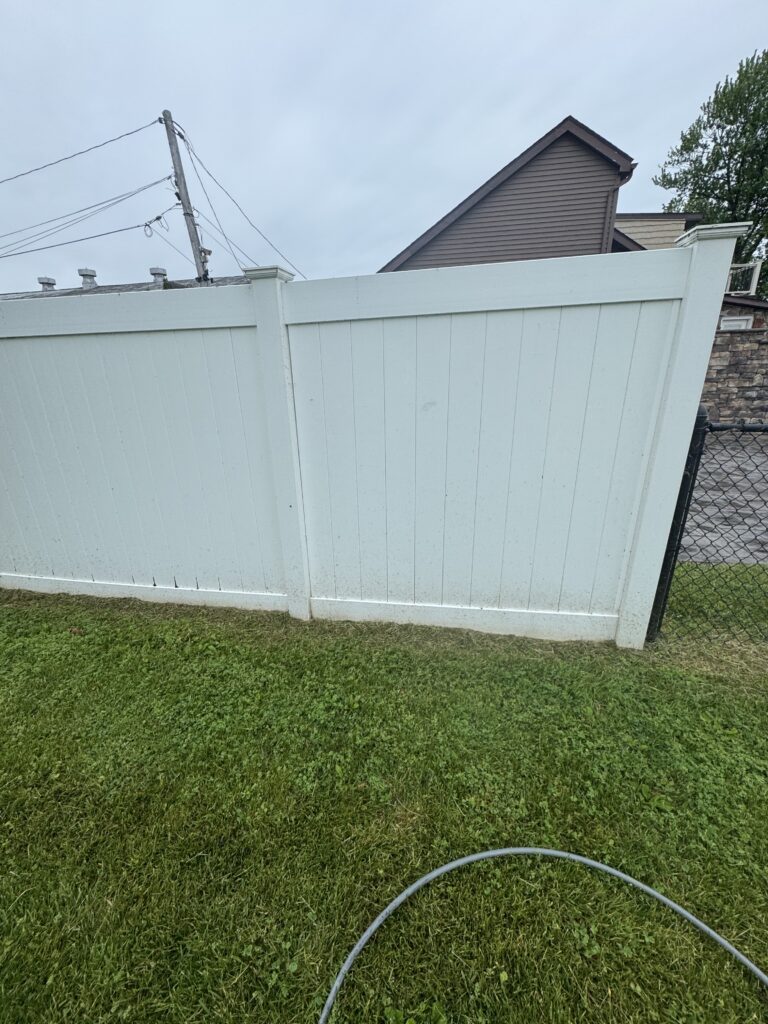Backyard scene with a tall utility pole and overhead wires behind a white privacy fence.