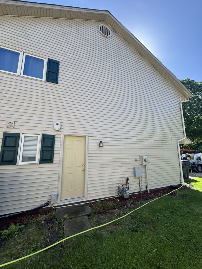 Back view of a beige house with green shutters, a pale yellow door, and outdoor utility meters on the wall; a yellow hose lies along the grass outside.