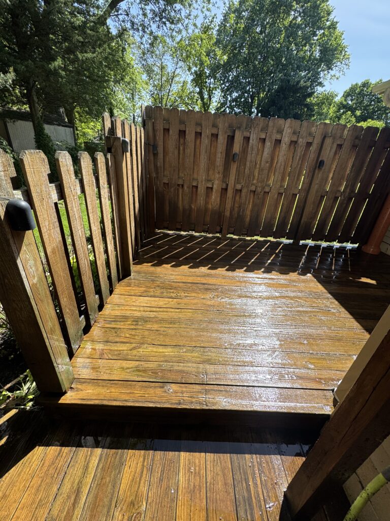 Wooden deck in a sunny backyard with a tall wooden fence, wet boards, and green trees in the background.