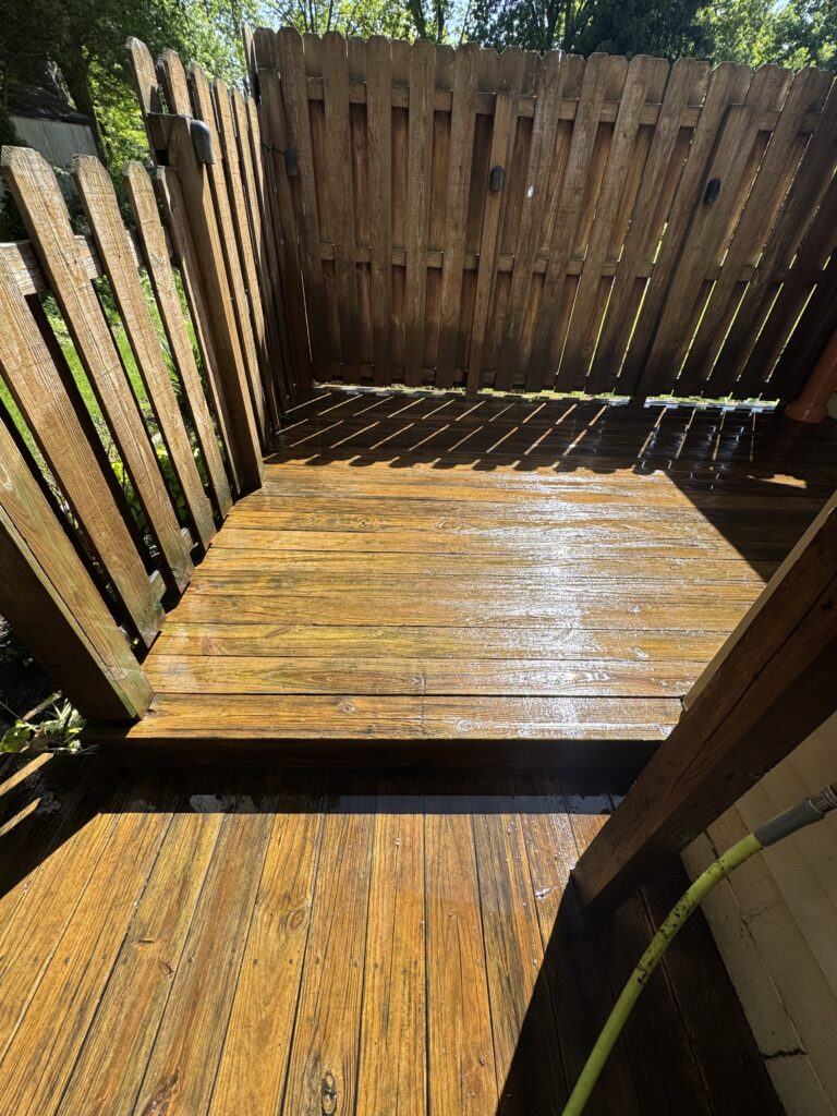 Sunny outdoor wooden deck with a tall slatted fence and green garden hose along the right wall; shadows cast across the wet planks.