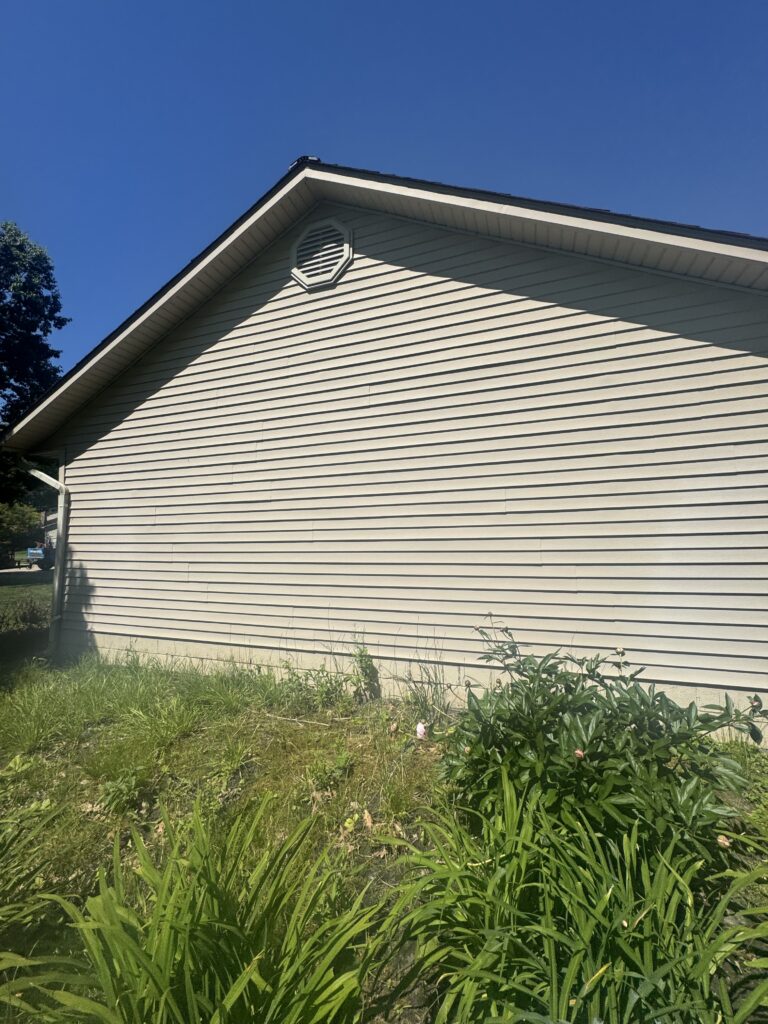 Side of a beige house with horizontal siding, a gable roof, and a small octagonal vent near the peak; blue sky above and tall green plants in the foreground.