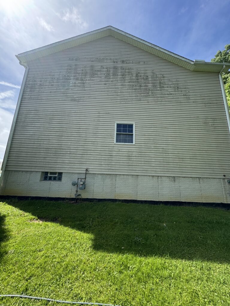 Back of a beige vinyl-sided house with a small basement window, utility meters at the foundation, and a green lawn in the foreground.