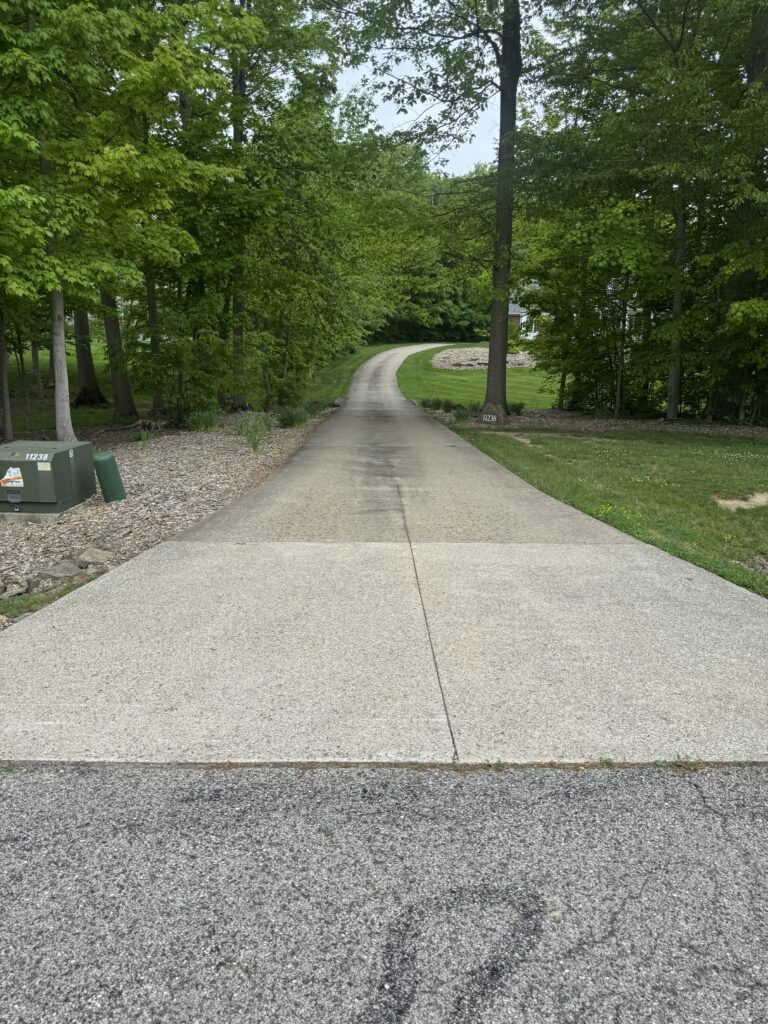 Curved concrete path through a green, tree-filled yard with a lawn and a house in the distance; utility boxes on the left edge.