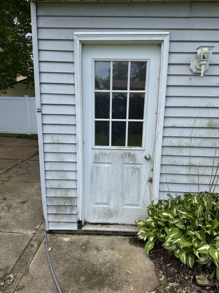 Exterior back door with a six-pane window, weathered light-blue frame, and beige siding; garden hose along concrete patio and a leafy plant bed to the right.