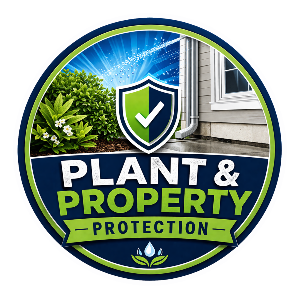 Circular badge logo for Plant & Property Protection, featuring a green-and-navy shield with a white checkmark, greenery and a house gutter in the background, blue and green color scheme.