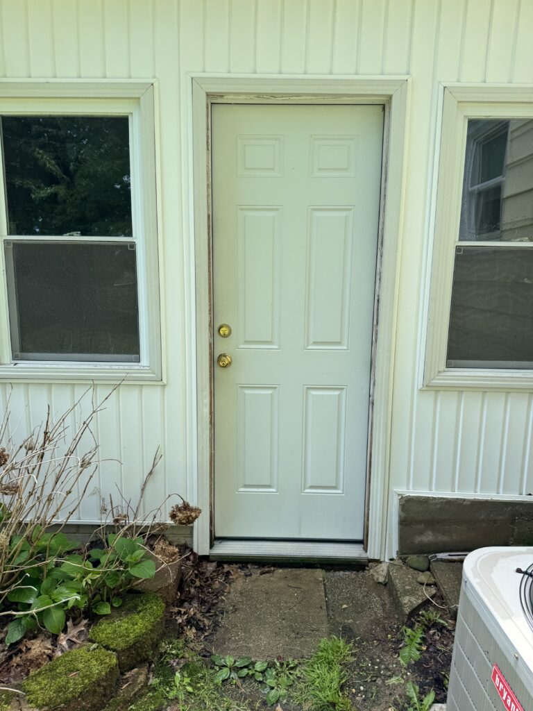 White exterior door with raised panels between two windows; mossy rocks and overgrown plants along the walkway outside.