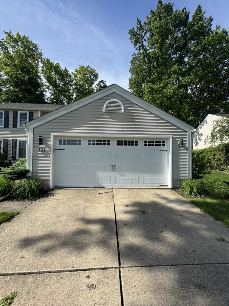 Two-car garage with white paneled doors in a suburban home, driveway leading to the door, and tall green trees in the background.