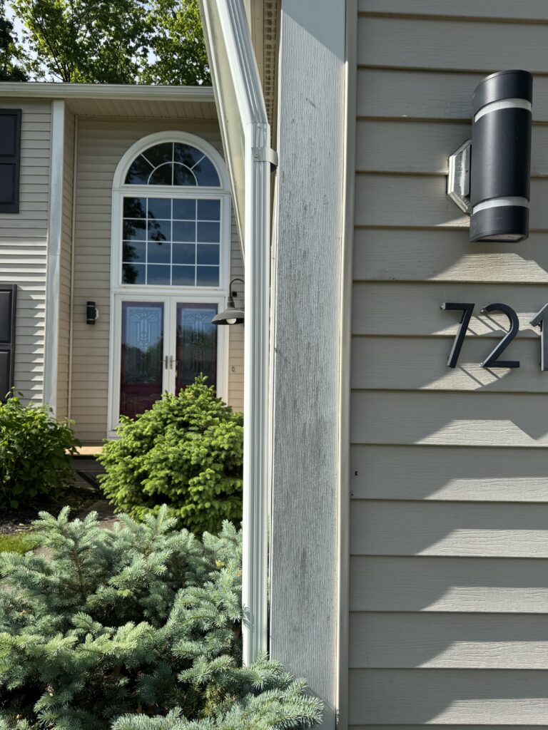 Exterior view of a house entry with a tall arched window and double doors, cream siding, and a curved white canopy near green shrubs.