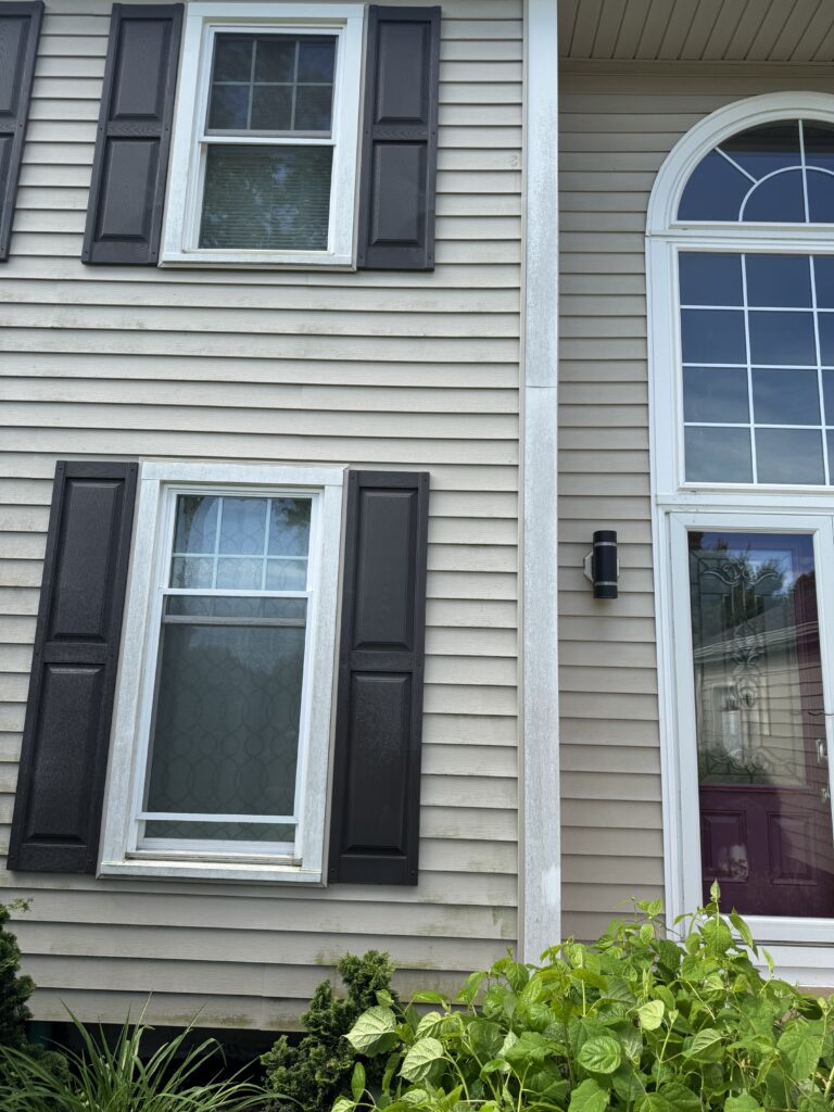 Beige house exterior with white window trim, dark shutters, and a tall arched window on the right; green plants in the foreground.