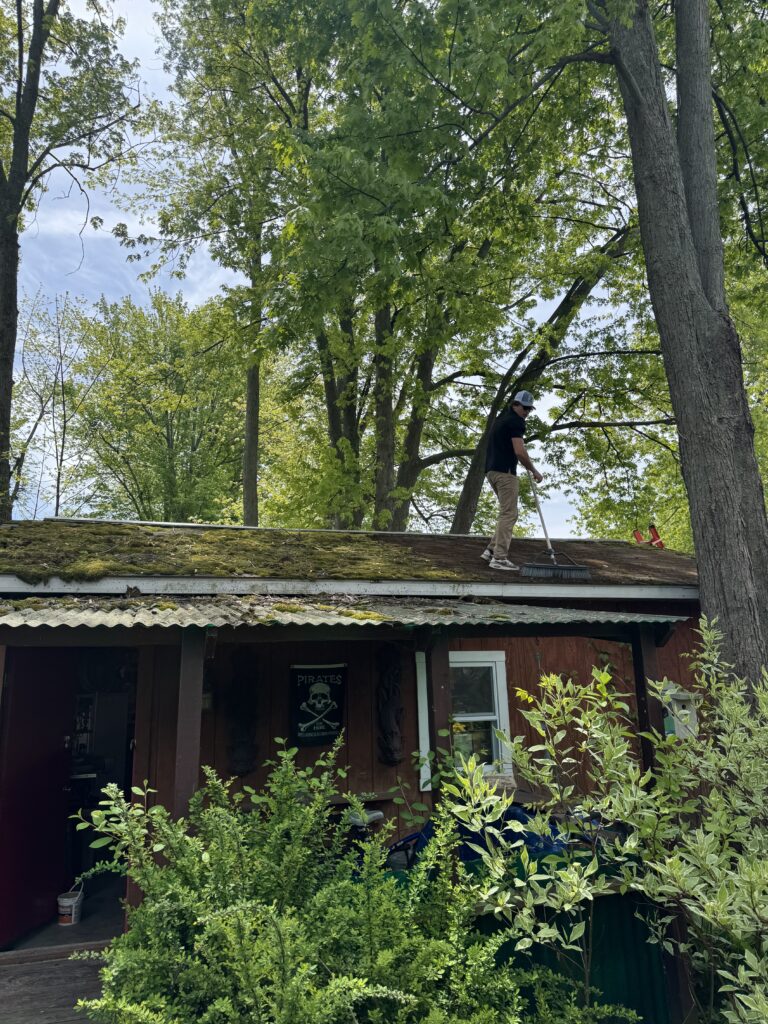 Man in a cap standing on a mossy roof, raking leaves with a long-handled tool among tall green trees.