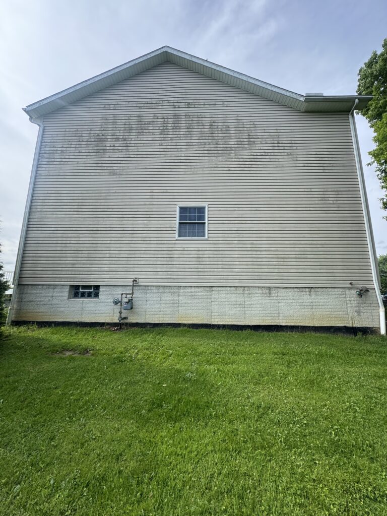 Side view of a beige vinyl-siding house with a small basement window near the ground and visible utility meters at the base, green lawn in foreground.