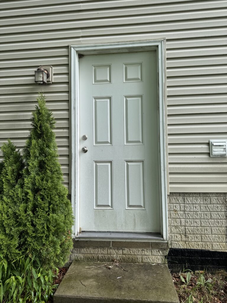 Front door of a house: pale gray door with panel details, white trim, a lantern light on the left, and evergreen shrub beside it.