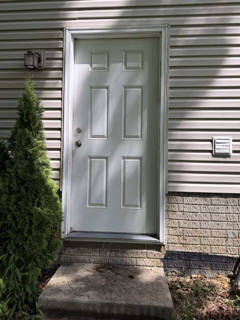 White paneled front door with decorative inset panels, beige siding, and a concrete step at the entrance; a green shrub stands to the left and an exterior light is above.