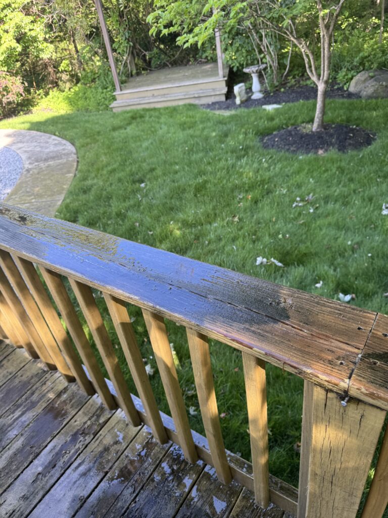 Wet wooden deck railing and stairs with green lawn and trees in a backyard garden.