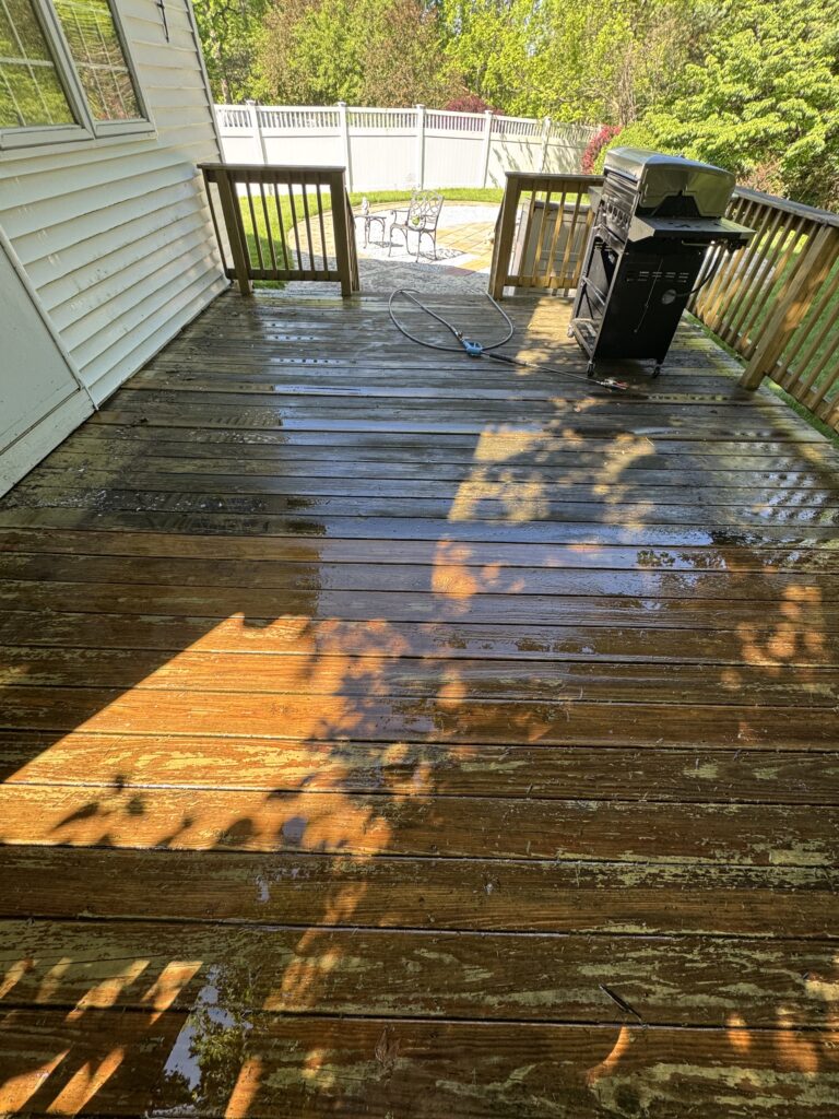 Wet wooden deck in a backyard with a black gas grill on the right and a coiled hose in the center; sunlight and tree shadows cast across the surface.