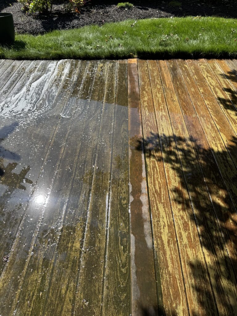 Wet wooden deck with water pooling on the boards and a strip of green grass at the edge, with shadows from surrounding foliage.