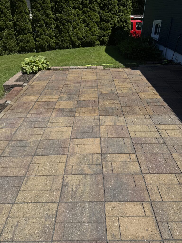 Backyard patio with square brick pavers, a small garden bed on the left and tall green hedges in the background, with a red vehicle partly visible on the right edge.