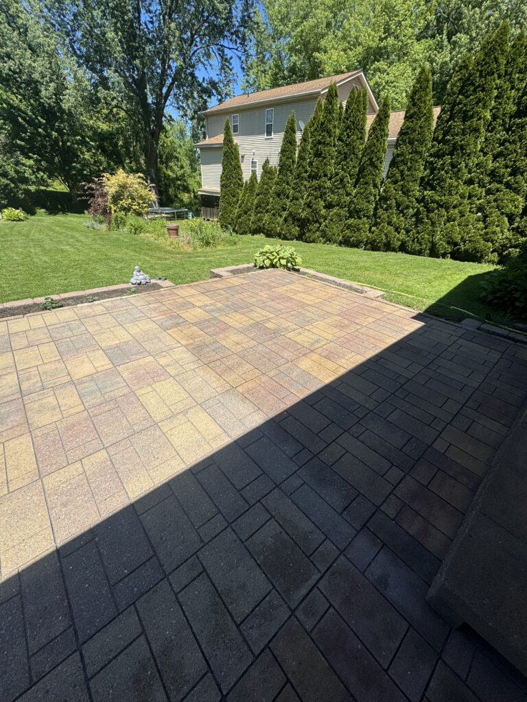 Backyard with a brick-paved patio, green lawn, tall evergreen shrubs, and a beige house in the background.