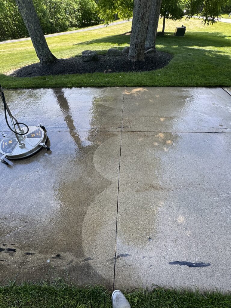 Wet concrete sidewalk after rain with reflections of trees; a white sneaker is visible at the bottom edge, grass along the border, and trees beyond the mulch bed.