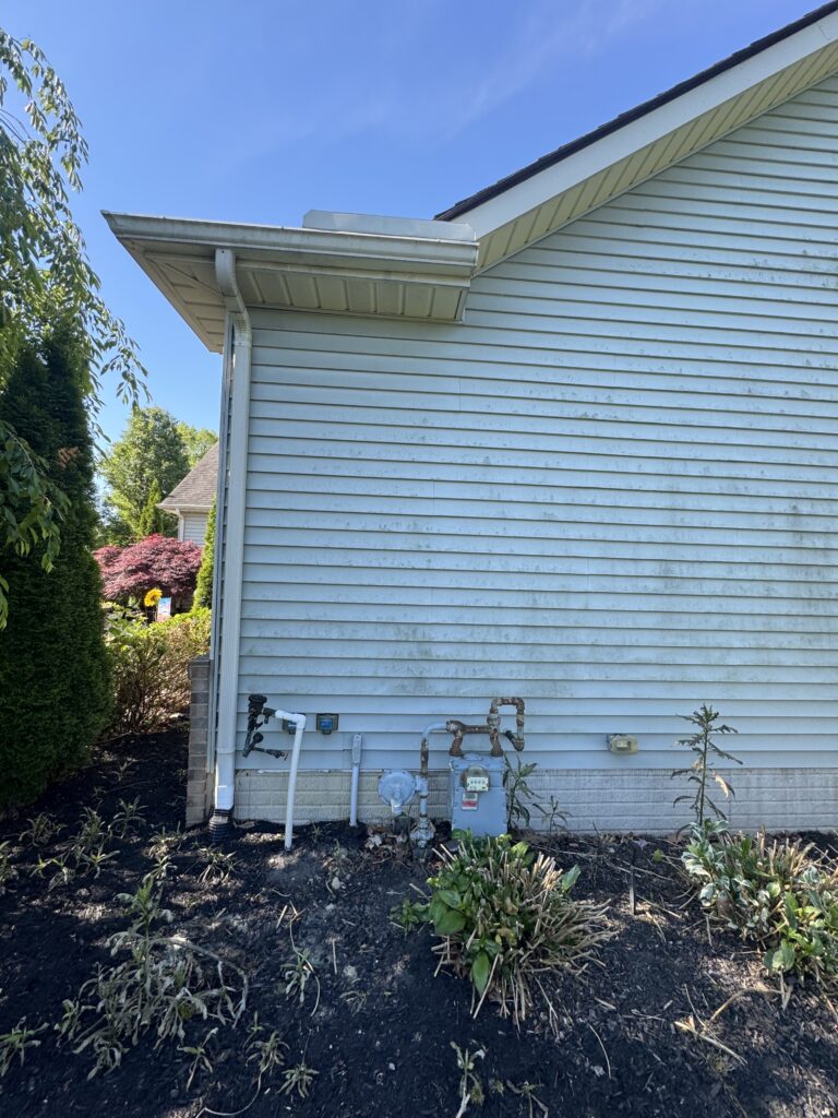 Blue house side with visible gas meters and pipes at the foundation, gutter downspout, and a garden bed in the foreground.