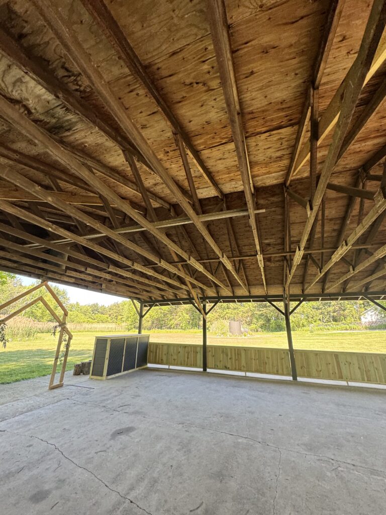 Underneath a wooden pavilion showing exposed rafters and plywood roof, open sides overlook a grassy yard and trees outside.