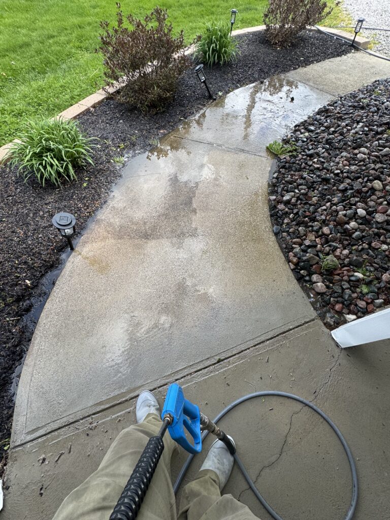 Person operating a blue concrete grinder along a damp curved sidewalk beside a gravel/rock bed and greenery (landscape lighting visible).