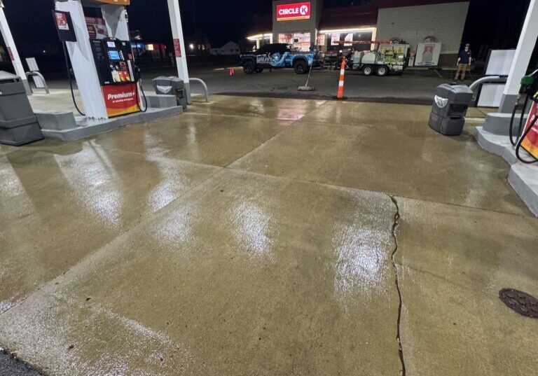 Concrete cleaning & gas station pressure washing in painesville, oh. This shows what concrete lot can look like after a cleaning from wiley's pressure washing services 